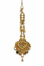 Load image into Gallery viewer, Gold Finish Mirror Work Statement Maang Tikka with Bead Fringe