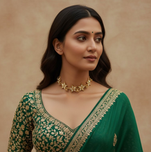 Load image into Gallery viewer, Gold Finish Floral Mirror Work Choker with Green Dori