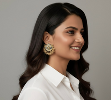 Load image into Gallery viewer, Lotus Mirror Work Stud Earrings in Gold Finish