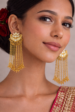 Load image into Gallery viewer, Gold Plated Mirror Work Fringe Drop Statement Earrings