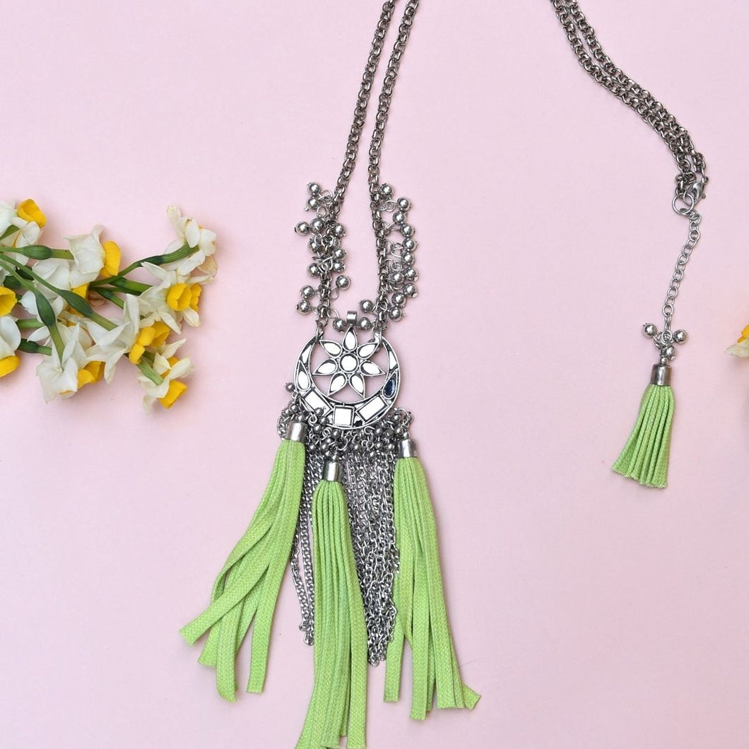 Mirror & Tassel Green Necklace