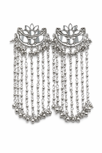 Load image into Gallery viewer, Lotus Mirror Work Chain Drop Earrings in Silver Finish
