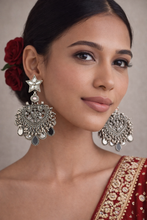 Load image into Gallery viewer, Silver Star Paan Drop Earrings with Mirror Inlay
