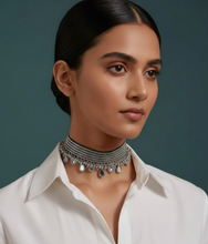 Load image into Gallery viewer, Silver Finish Mirror Work Choker with Black Dori
