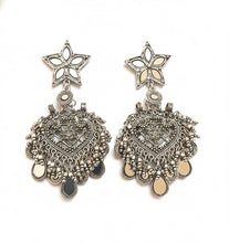 Load image into Gallery viewer, Silver Star Paan Drop Earrings with Mirror Inlay
