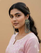 Load image into Gallery viewer, Lotus Mirror Work Chain Drop Earrings in Silver Finish
