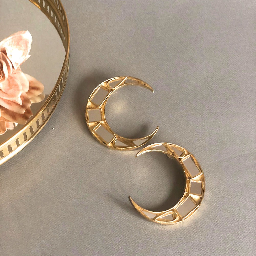 Double Horn Stud Earrings, Crescent Moon in Solid Gold - Tales In Gold